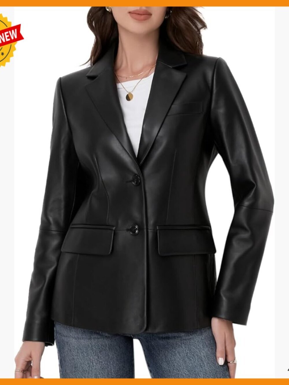 Lambskin Leather Blazer Jacket Women's Long Sleeve Button Front Notched Lapel